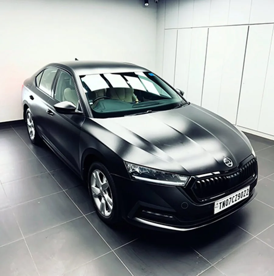 Skoda sedan with a protected dark finish